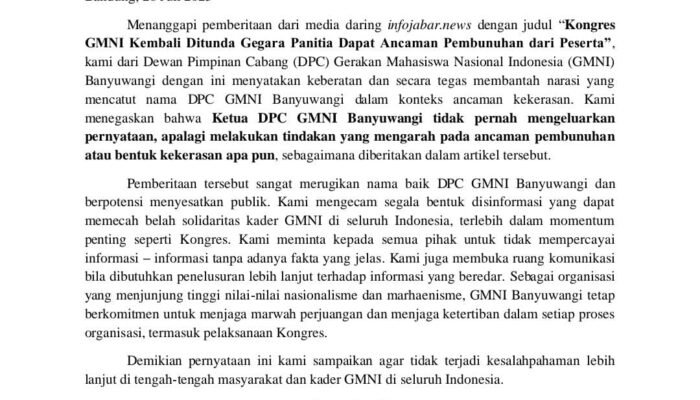 DPC GMNI Banyuwangi Kecam Tuduhan Pemicu Penundaan Kongres